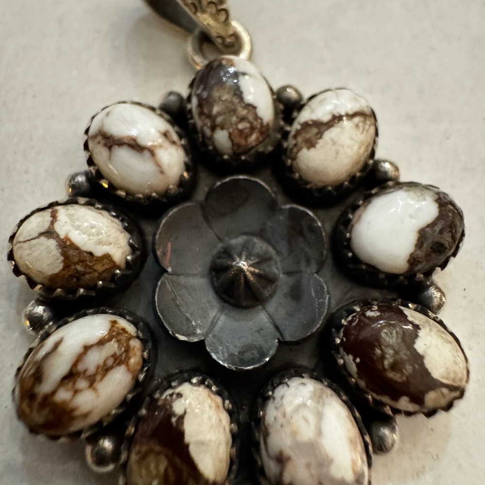 Sterling Silver and White Buffalo Native Floral Pendant - Picture 2 of 6